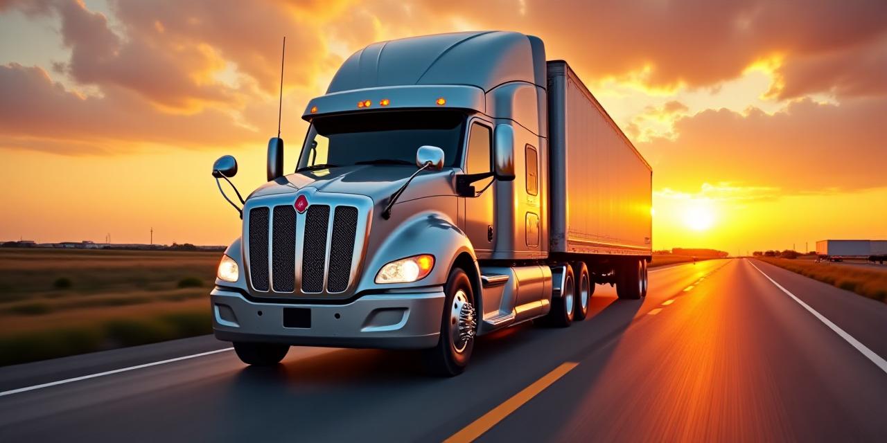 Commercial freight truck on a Texas highway at sunset