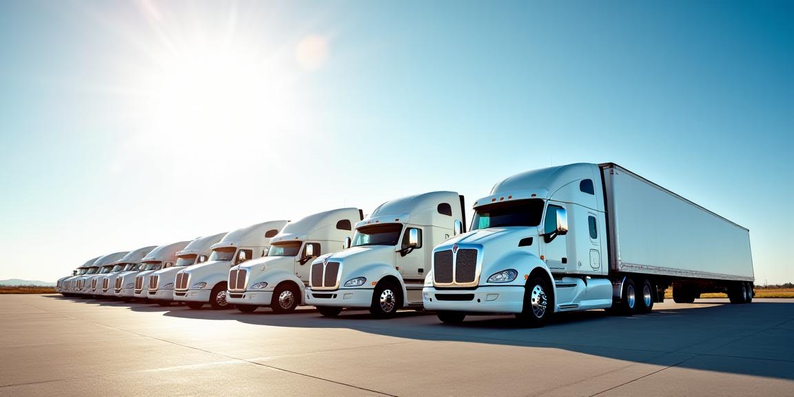 Lineup of professional heavy freight trucks on a Texas highway