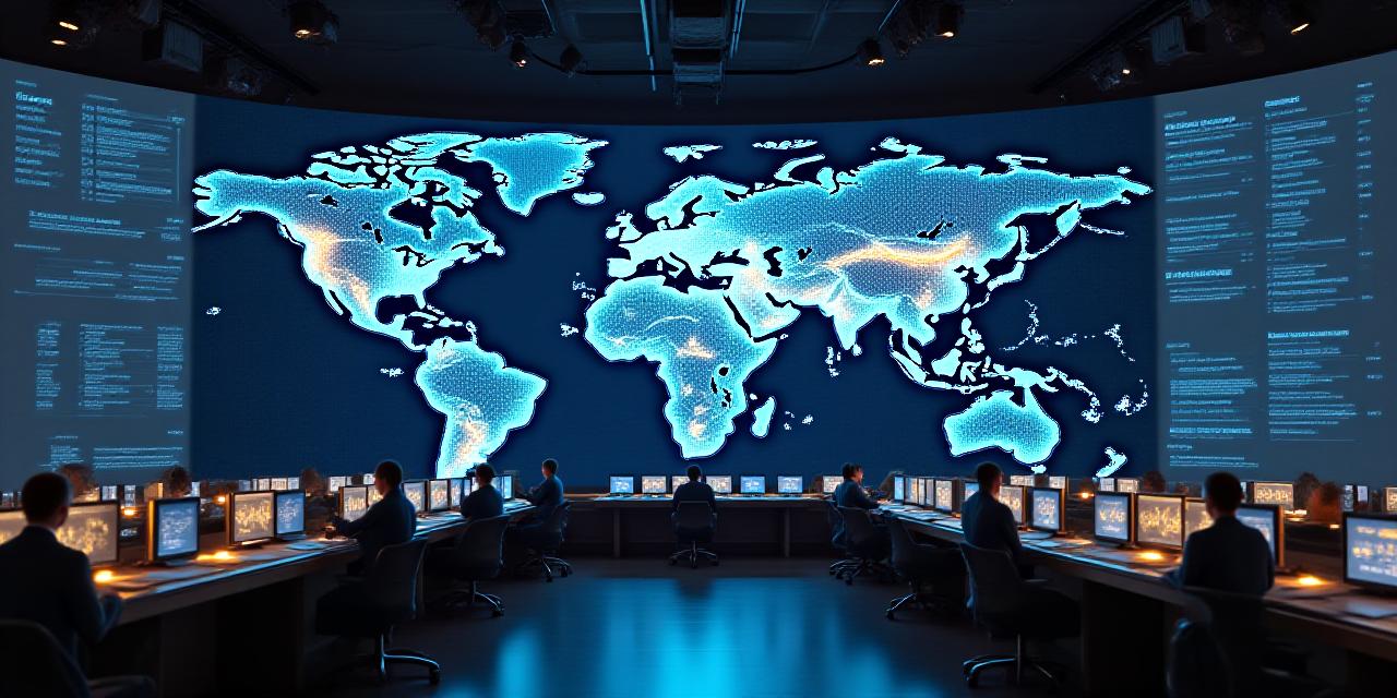 A high-tech logistics operations center with digital world maps and data analytics overlays