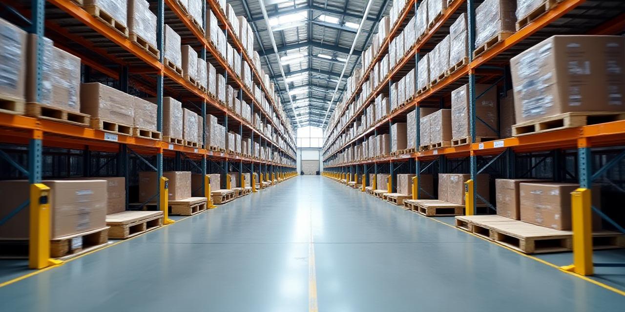 Modern organized industrial warehouse interior with racking